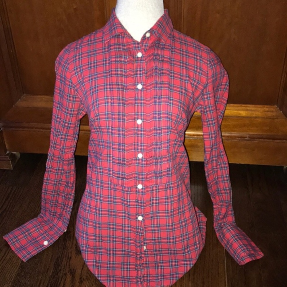 Red Blue Plaid Button Down Shirt XS